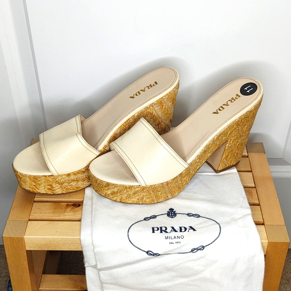 Prada🍦Wedge Sandals, cream/tan color, Size 41, 10.5/11 M Women's, 🆕